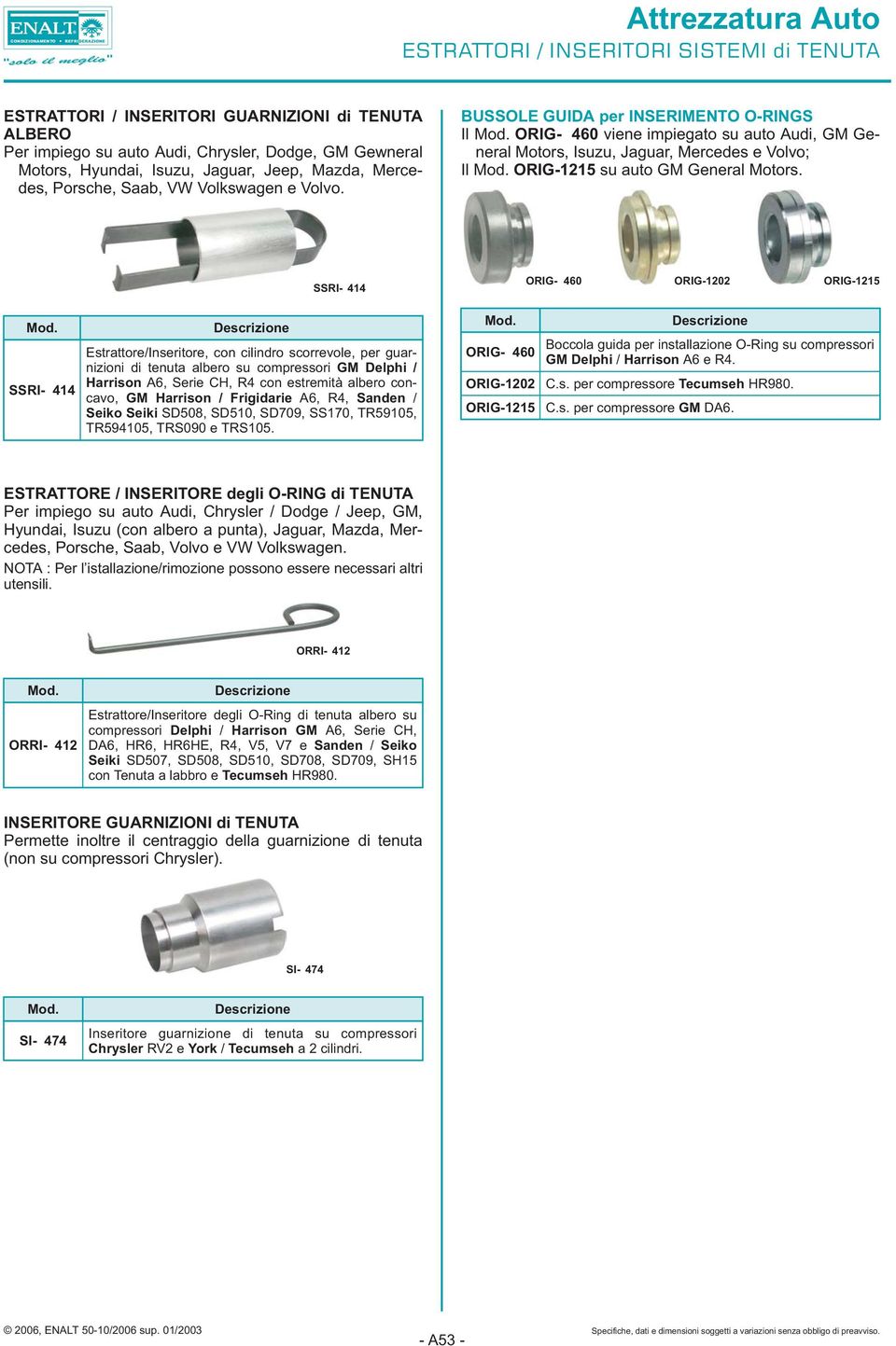 BUSSOLE GUIDA per INSERIMENTO O-RINGS Il ORIG- 460 viene impiegato su auto Audi, GM General Motors, Isuzu, Jaguar, Mercedes e Volvo; Il ORIG-1215 su auto GM General Motors.