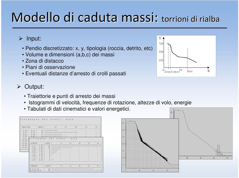 distanze d arresto di crolli passati Output: Traiettorie e punti di arresto dei massi Istogrammi di