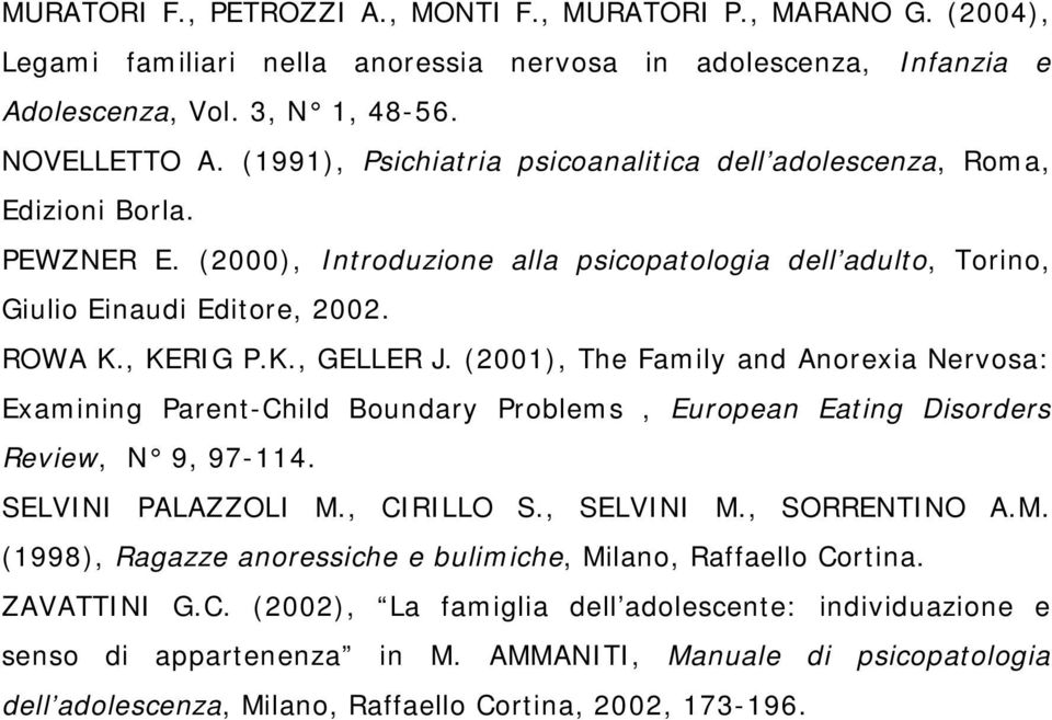 (2001), The Family and Anorexia Nervosa: Examining Parent-Child Boundary Problems, European Eating Disorders Review, N 9, 97-114. SELVINI PALAZZOLI M.