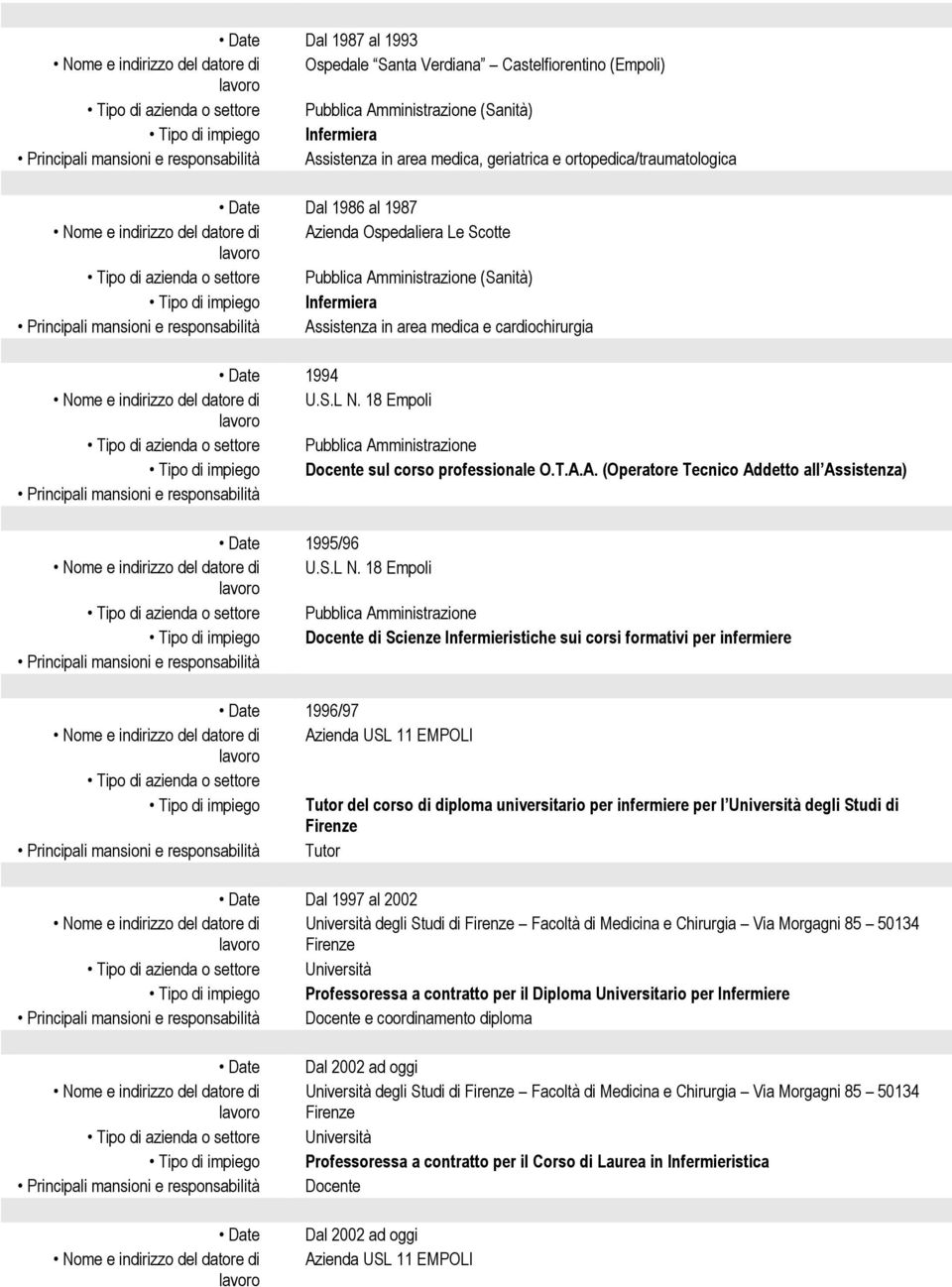 cardiochirurgia Date 1994 U.S.L N. 18 Empoli Tipo di azienda o settore Pubblica Amministrazione Tipo di impiego Docente sul corso professionale O.T.A.A. (Operatore Tecnico Addetto all Assistenza) Date 1995/96 U.