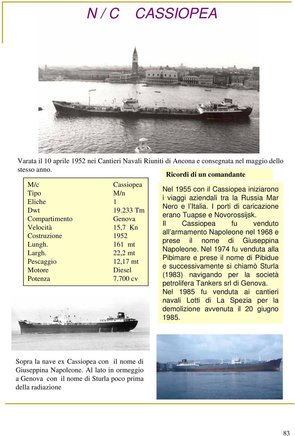 233 Tm erano Tuapse e Novorossijsk. Compartimento Genova Il Cassiopea fu venduto Velocità 15,7 Kn all armamento Napoleone nel 1968 e Costruzione 1952 prese il nome di Giuseppina Lungh.