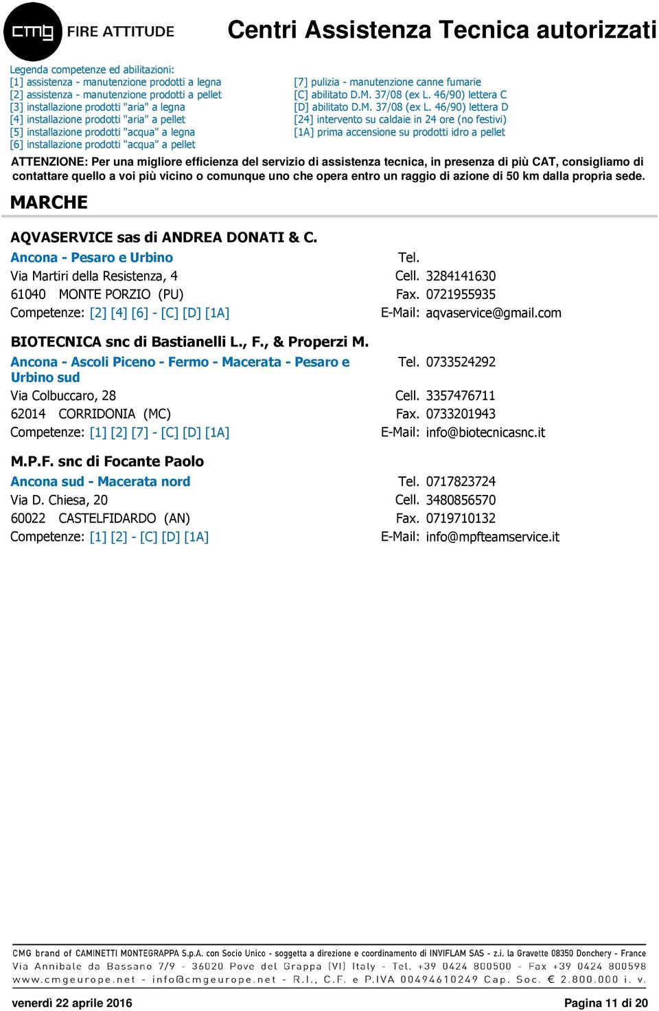 Ancona - Ascoli Piceno - Fermo - Macerata - Pesaro e Urbino sud Via Colbuccaro, 28 62014 CORRIDONIA (MC) Competenze: [1] [2] [7] - [C] [D] [1A] M.P.F. snc di Focante Paolo Ancona sud - Macerata nord Via D.