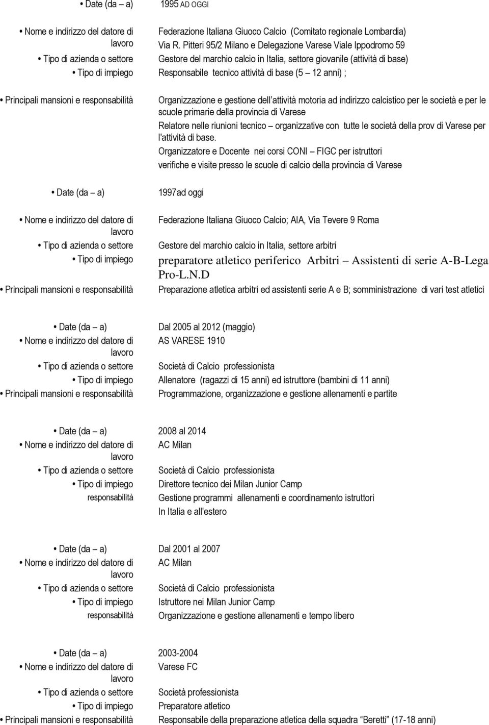 Organizzazione e gestione dell attività motoria ad indirizzo calcistico per le società e per le scuole primarie della provincia di Varese Relatore nelle riunioni tecnico organizzative con tutte le