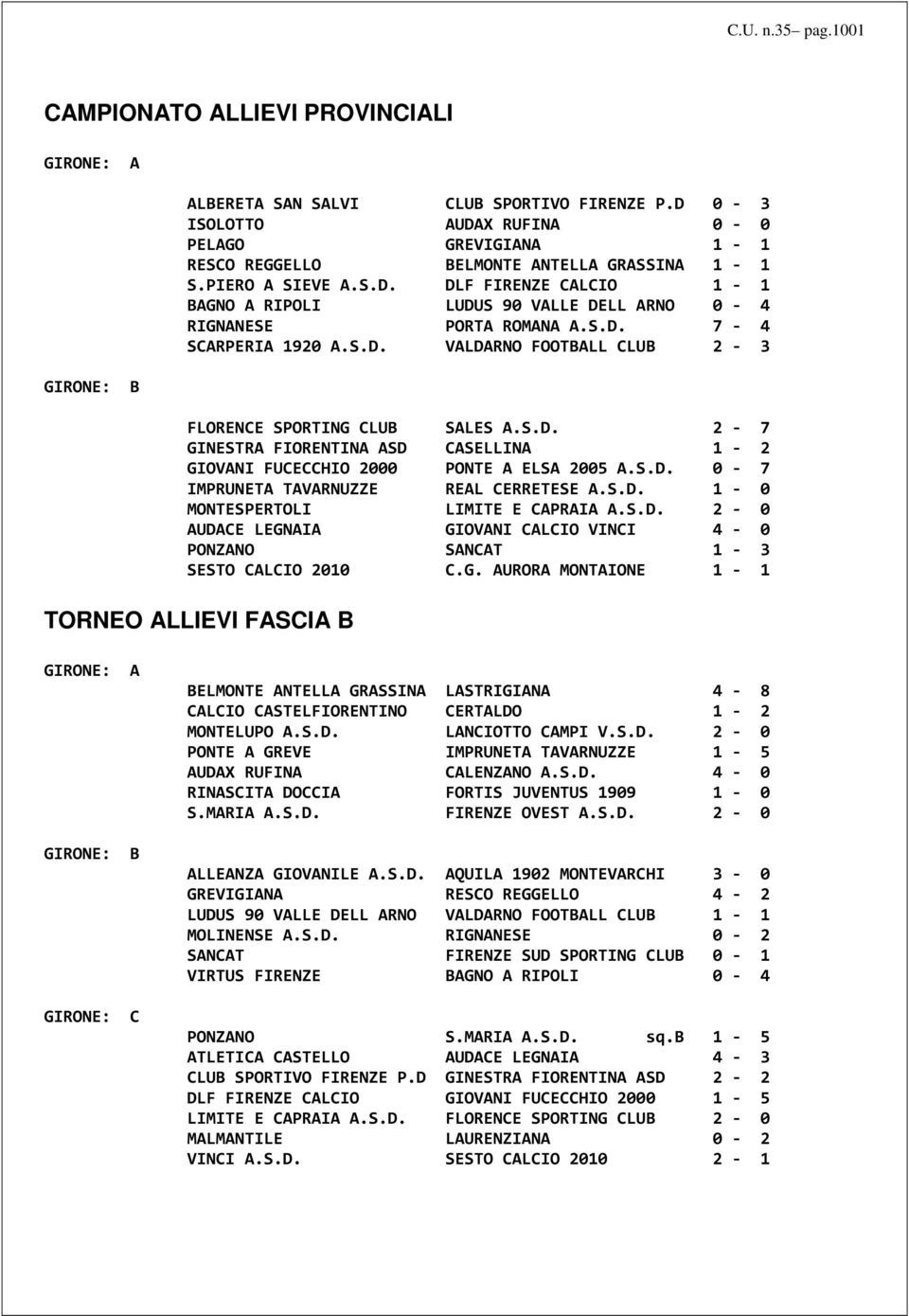 S.D. 7-4 SCARPERIA 1920 A.S.D. VALDARNO FOOTBALL CLUB 2-3 FLORENCE SPORTING CLUB SALES A.S.D. 2-7 GINESTRA FIORENTINA ASD CASELLINA 1-2 GIOVANI FUCECCHIO 2000 PONTE A ELSA 2005 A.S.D. 0-7 IMPRUNETA TAVARNUZZE REAL CERRETESE A.