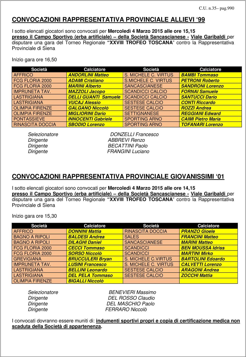 gara del Torneo Regionale XXVIII TROFEO TOSCANA contro la Rappresentativa Provinciale di Siena Inizio gara ore 16,50 Società Calciatore Società Calciatore AFFRICO ANDORLINI Matteo S. MICHELE C.