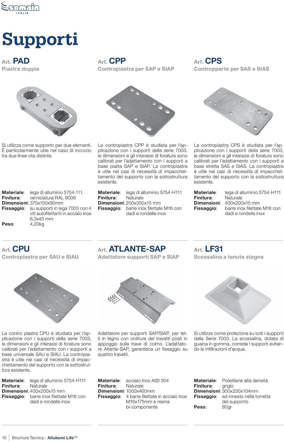 Finitura: verniciatura RAL 9006 Dimensioni: 370x150x90mm Fissaggio: su supporti in lega 7003 con 4 viti autofilettanti in acciaio inox 6,3x45 mm Peso: 4,20kg La contropiastra CPP è studiata per l