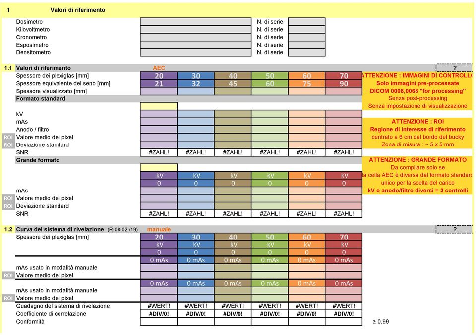 visualizzato [mm] DICOM 0008,0068 "for processing" Senza post-processing Senza impostazione di visualizzazione kv ROI Deviazione standard ATTENZIONE : ROI Regione di interesse di riferimento centrato