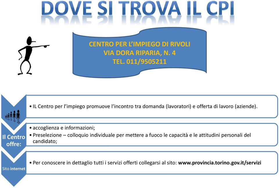 Il Centro offre: accoglienza e informazioni; Preselezione colloquio individuale per mettere a fuoco le