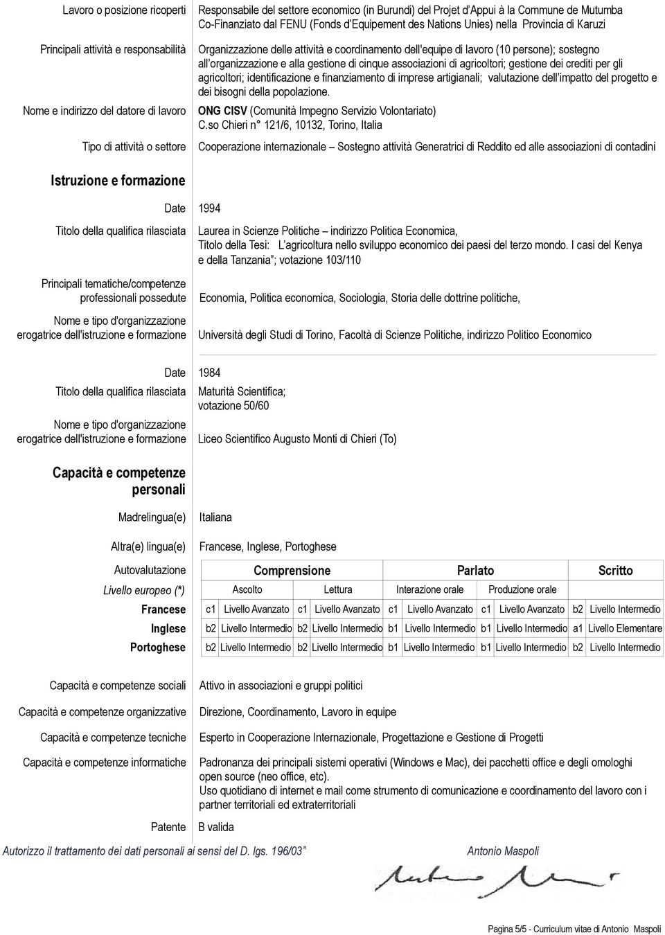 identificazione e finanziamento di imprese artigianali; valutazione dell impatto del progetto e dei bisogni della popolazione. ONG CISV (Comunità Impegno Servizio Volontariato) C.