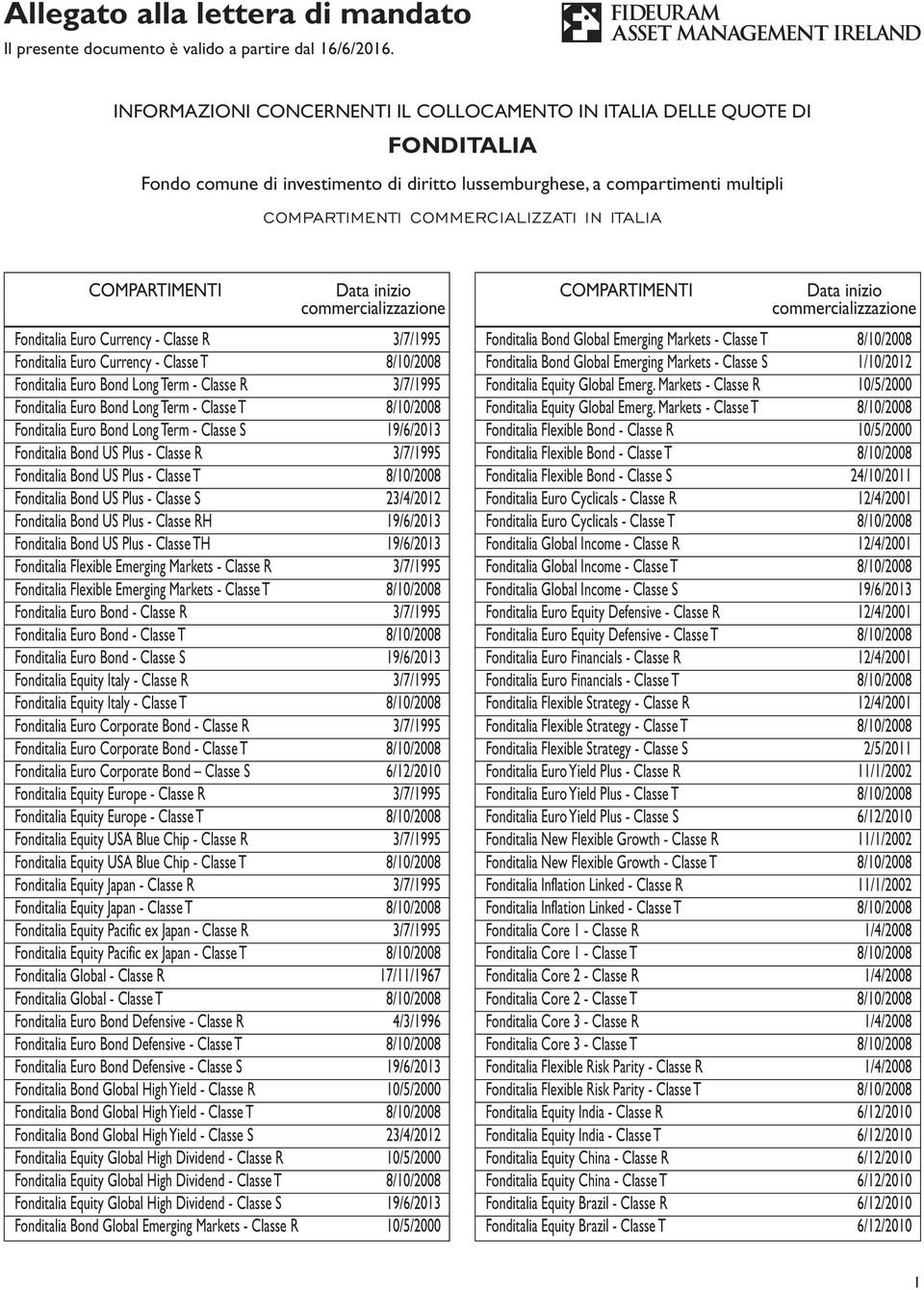 COMPARTIMENTI Data inizio commercializzazione Fonditalia Euro Currency - Classe R 3/7/1995 Fonditalia Euro Currency - Classe T 8/10/2008 Fonditalia Euro Bond Long Term - Classe R 3/7/1995 Fonditalia