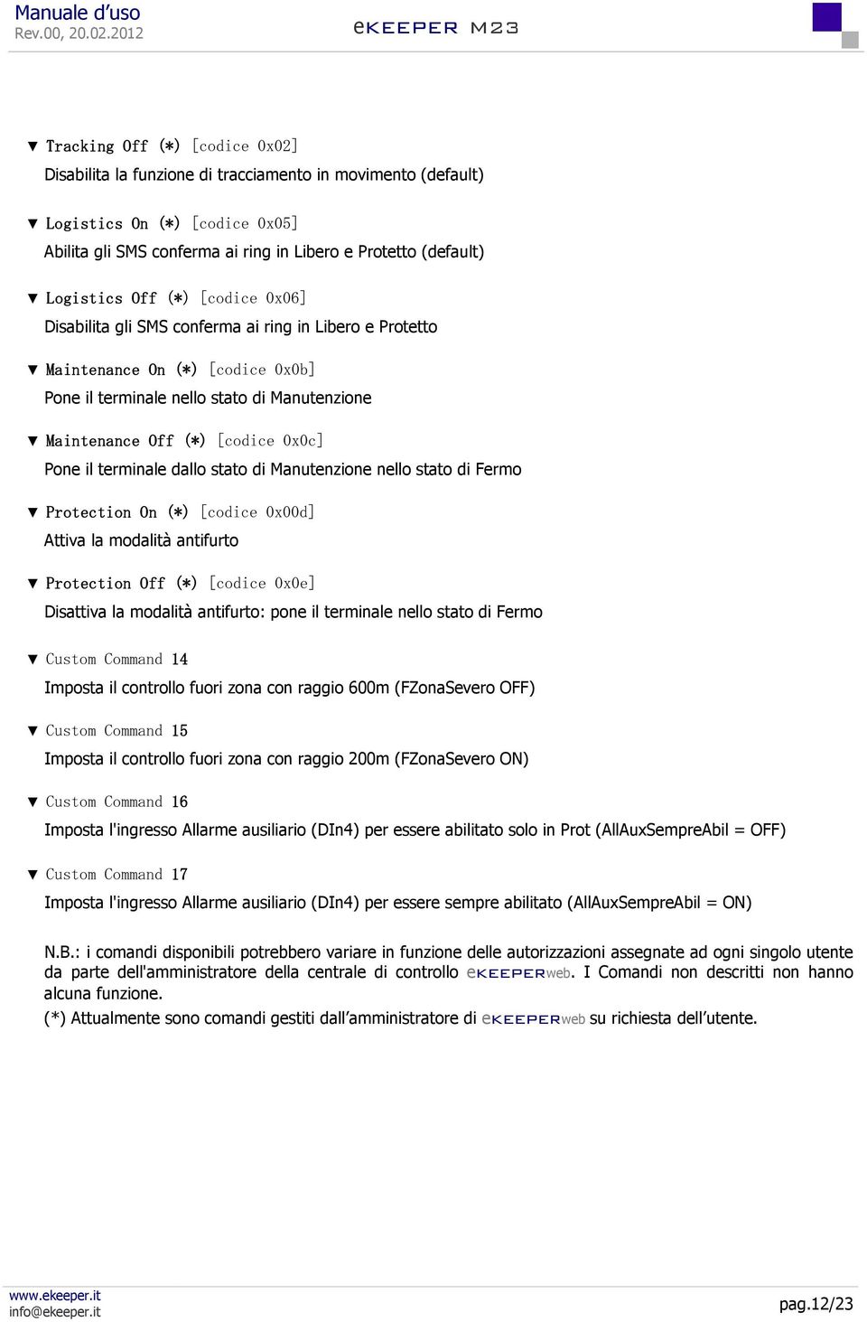 terminale dallo stato di Manutenzione nello stato di Fermo Protection On (*) [codice 0x00d] Attiva la modalità antifurto Protection Off (*) [codice 0x0e] Disattiva la modalità antifurto: pone il