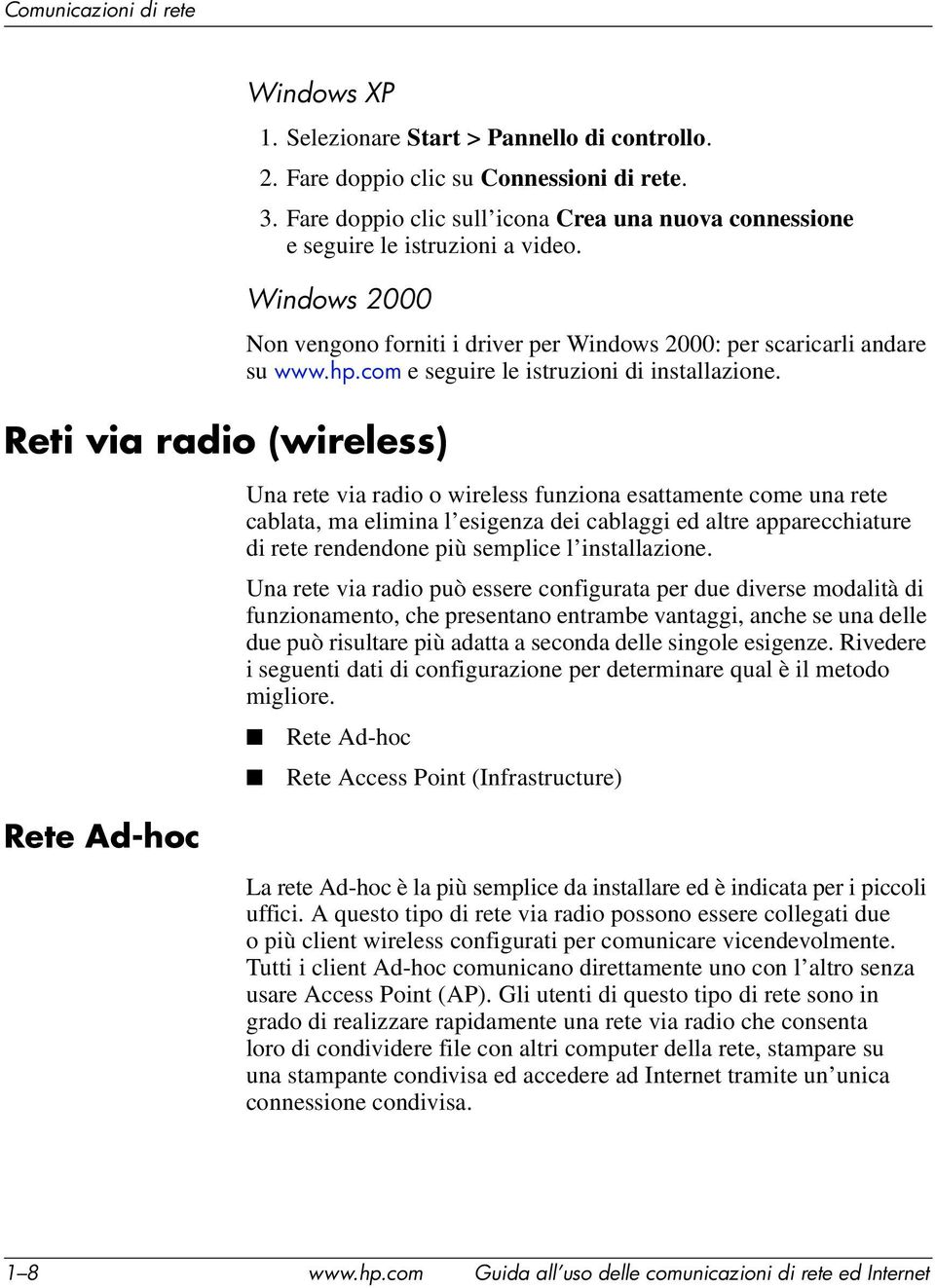 Windows 2000 Reti via radio (wireless) Non vengono forniti i driver per Windows 2000: per scaricarli andare su www.hp.com e seguire le istruzioni di installazione.
