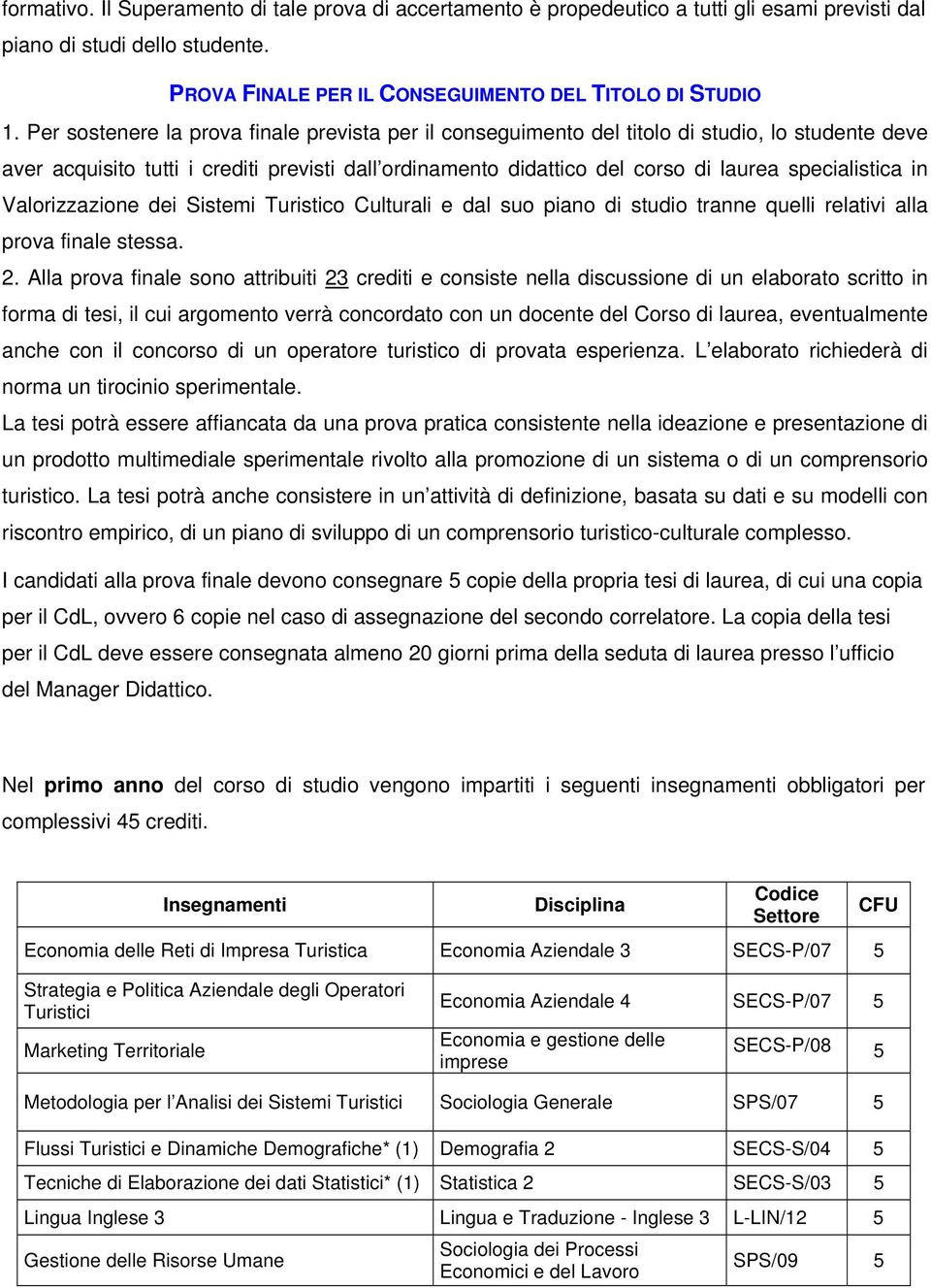 in Valorizzazione dei Sistemi Turistico Culturali e dal suo piano di studio tranne quelli relativi alla prova finale stessa. 2.