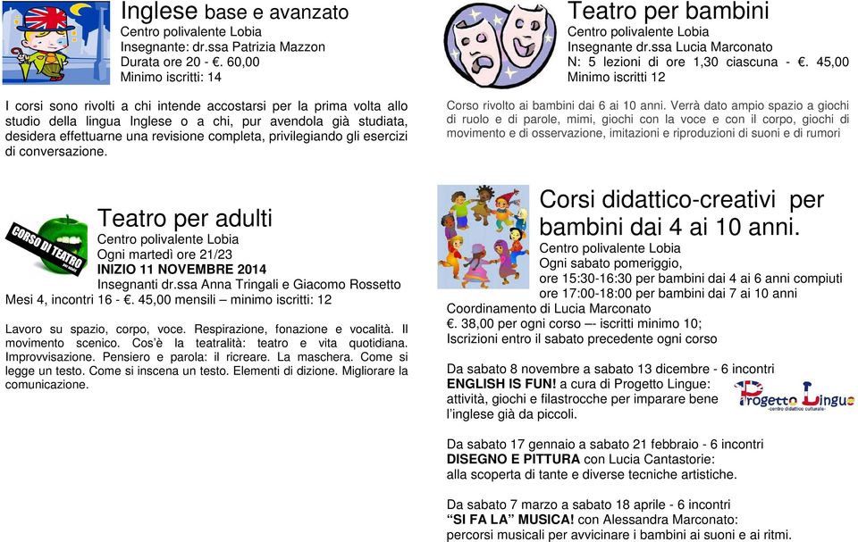 completa, privilegiando gli esercizi di conversazione. Teatro per adulti Ogni martedì ore 21/23 INIZIO 11 NOVEMBRE 2014 Insegnanti dr.ssa Anna Tringali e Giacomo Rossetto Mesi 4, incontri 16 -.