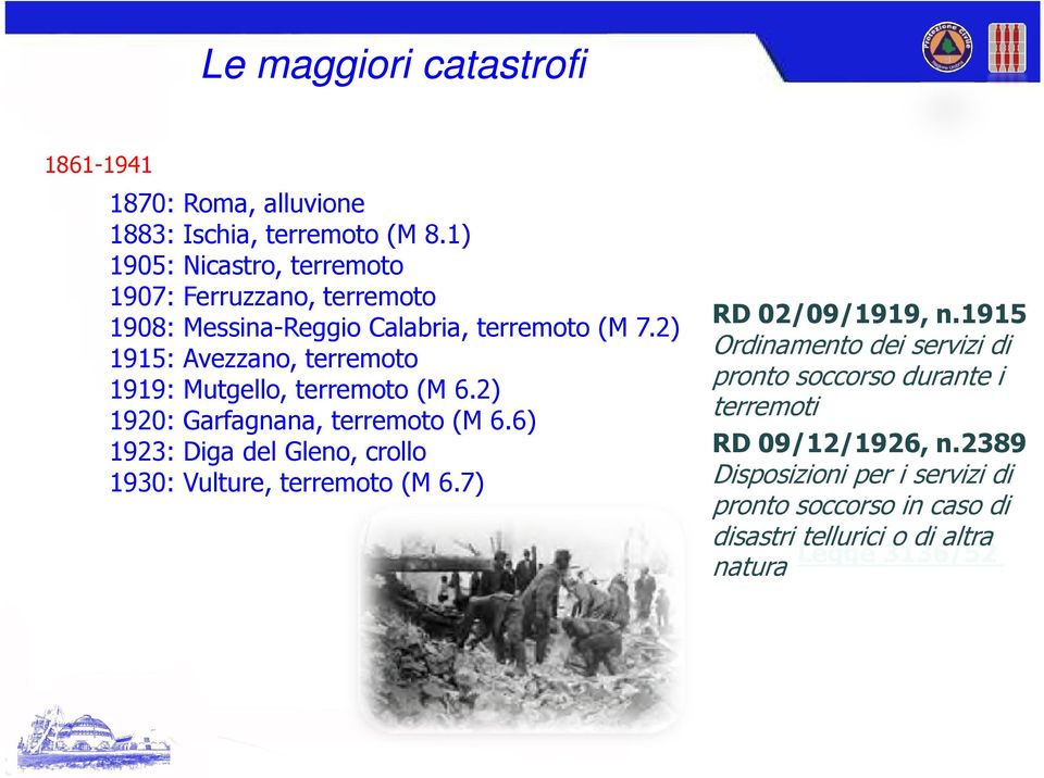 2) 1915: Avezzano, terremoto 1919: Mutgello, terremoto (M 6.2) 1920: Garfagnana, terremoto (M 6.