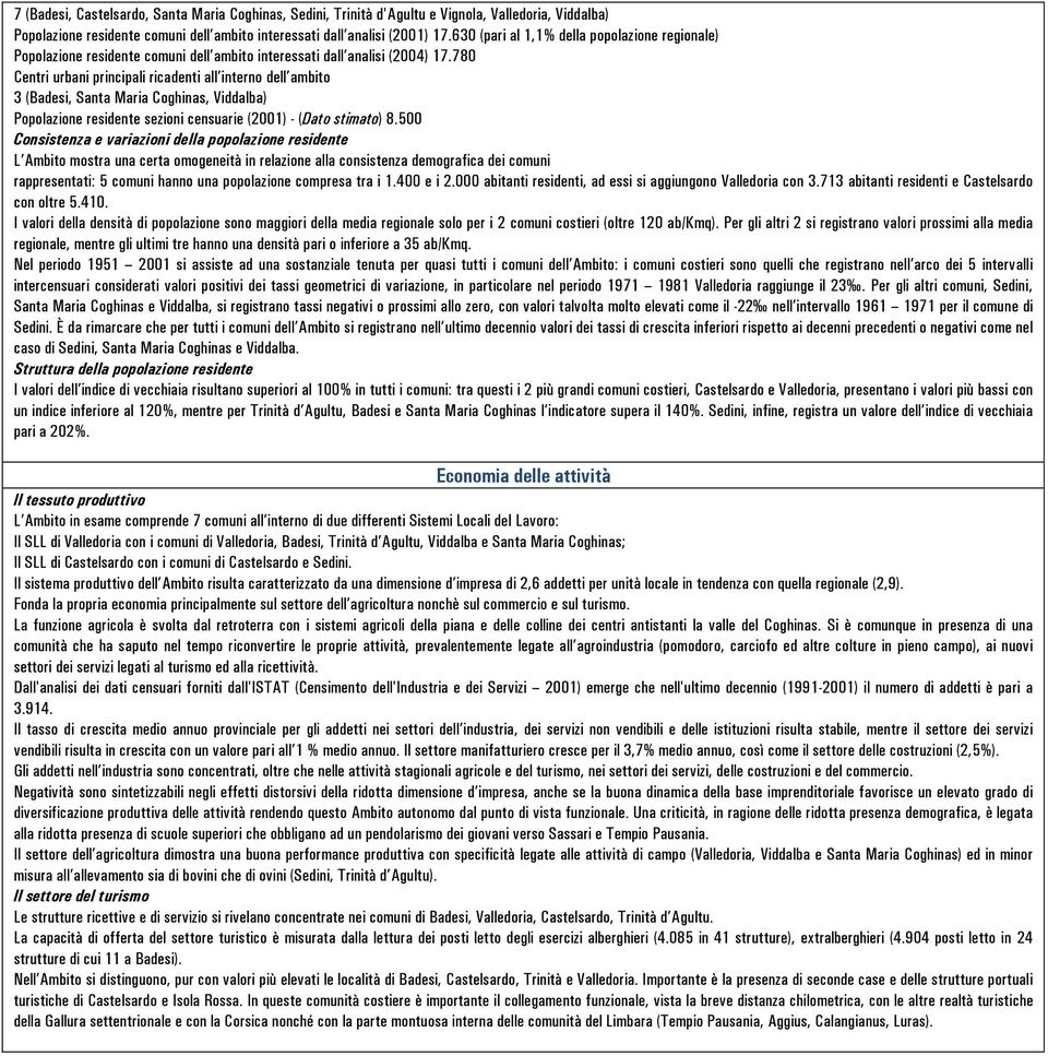 780 Centri urbani principali ricadenti all interno dell ambito 3 (Badesi, Santa Maria Coghinas, Viddalba) Popolazione residente sezioni censuarie (2001) - (Dato stimato) 8.