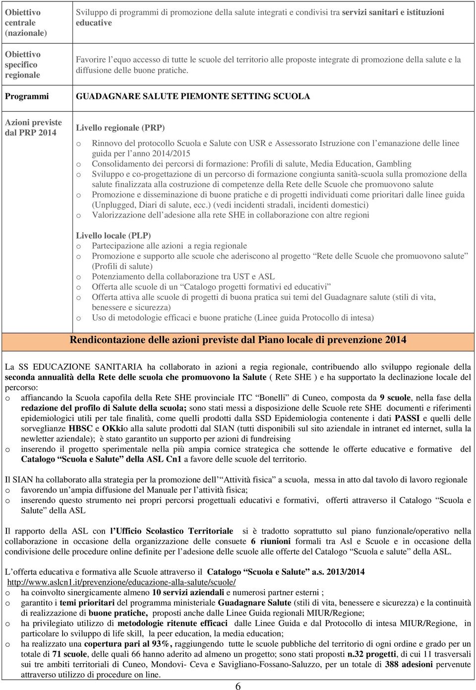 GUADAGNARE SALUTE PIEMONTE SETTING SCUOLA Azioni previste dal PRP 2014 Livello regionale (PRP) o Rinnovo del protocollo Scuola e Salute con USR e Assessorato Istruzione con l emanazione delle linee