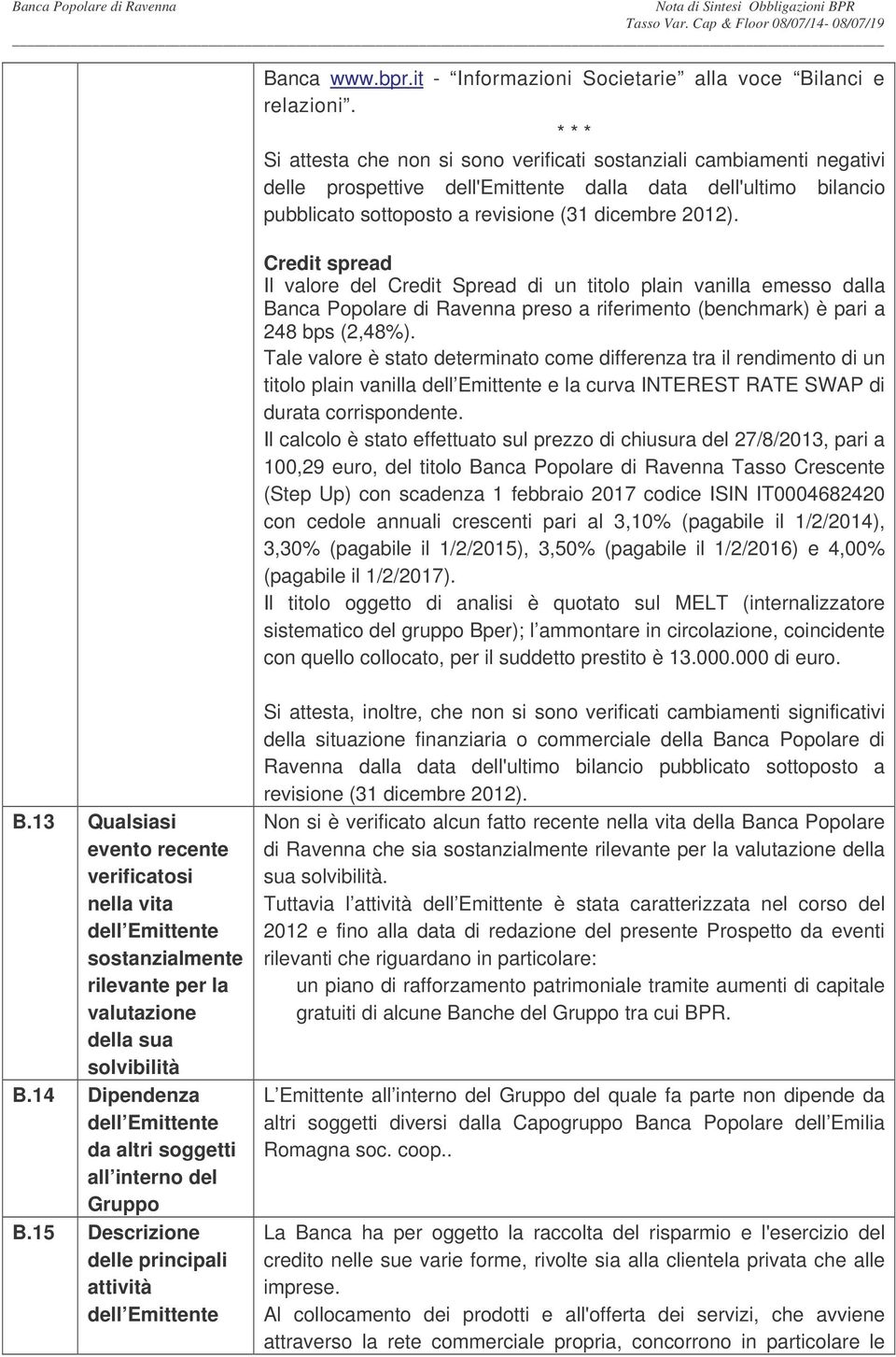 Credit spread Il valore del Credit Spread di un titolo plain vanilla emesso dalla Banca Popolare di Ravenna preso a riferimento (benchmark) è pari a 248 bps (2,48%).