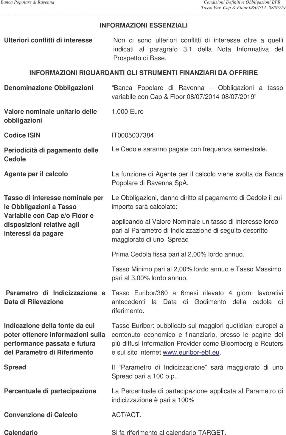 INFORMAZIONI RIGUARDANTI GLI STRUMENTI FINANZIARI DA OFFRIRE Denominazione Obbligazioni Valore nominale unitario delle obbligazioni Codice ISIN Periodicità di pagamento delle Cedole Agente per il