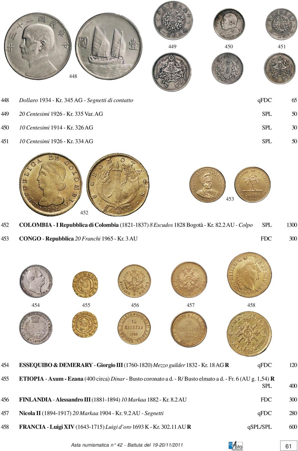 3 AU FDC 300 454 455 456 457 458 454 ESSEQUIBO & DEMERARY - Giorgio III (1760-1820) Mezzo guilder 1832 - Kr. 18 AG R qfdc 120 455 ETIOPIA - Axum - Ezana (400 circa) Dinar - Busto coronato a d.