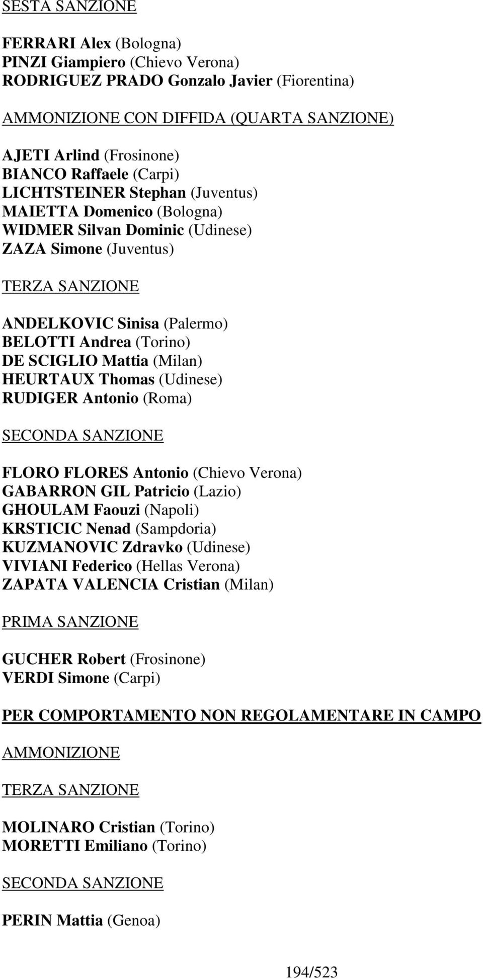 Mattia (Milan) HEURTAUX Thomas (Udinese) RUDIGER Antonio (Roma) SECONDA SANZIONE FLORO FLORES Antonio (Chievo Verona) GABARRON GIL Patricio (Lazio) GHOULAM Faouzi (Napoli) KRSTICIC Nenad (Sampdoria)