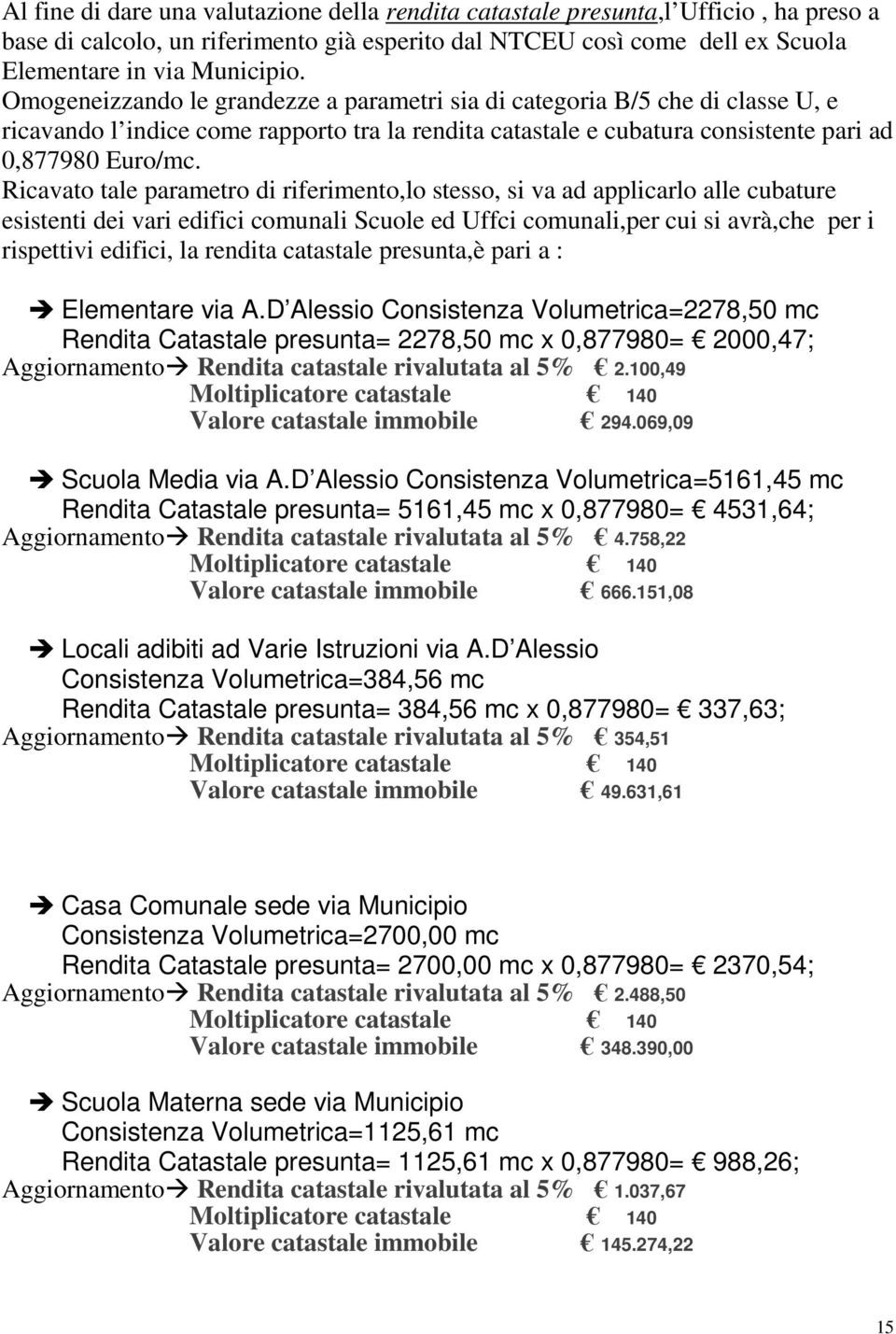 Ricavato tale parametro di riferimento,lo stesso, si va ad applicarlo alle cubature esistenti dei vari edifici comunali Scuole ed Uffci comunali,per cui si avrà,che per i rispettivi edifici, la