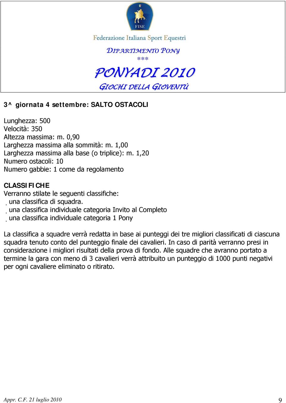 una classifica individuale categoria Invito al Completo una classifica individuale categoria 1 Pony La classifica a squadre verrà redatta in base ai punteggi dei tre migliori classificati di ciascuna