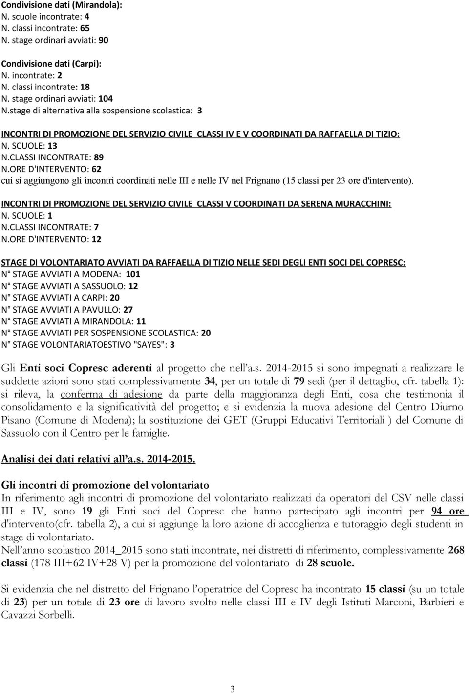 CLASSI INCONTRATE: 89 N.ORE D'INTERVENTO: 6 cui si aggiungono gli incontri coordinati nelle III e nelle IV nel Frignano (5 classi per ore d'intervento).