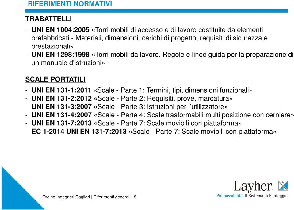 Regole e linee guida per la preparazione di un manuale d'istruzioni» SCALE PORTATILI - UNI EN 131-1:2011 «Scale - Parte 1: Termini, tipi, dimensioni funzionali» - UNI EN 131-2:2012 «Scale - Parte 2: