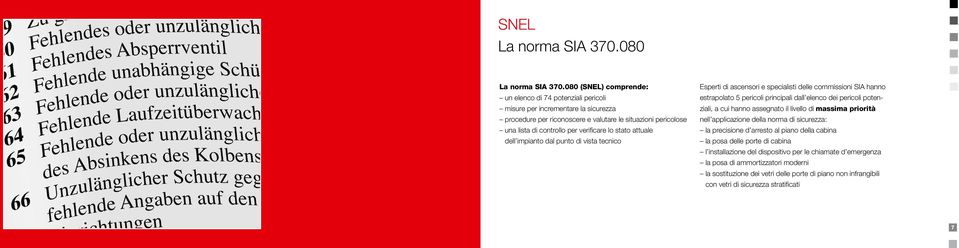 stato attuale dell impianto dal punto di vista tecnico Esperti di ascensori e specialisti delle commissioni SIA hanno estrapolato 5 pericoli principali dall elenco dei pericoli potenziali, a cui