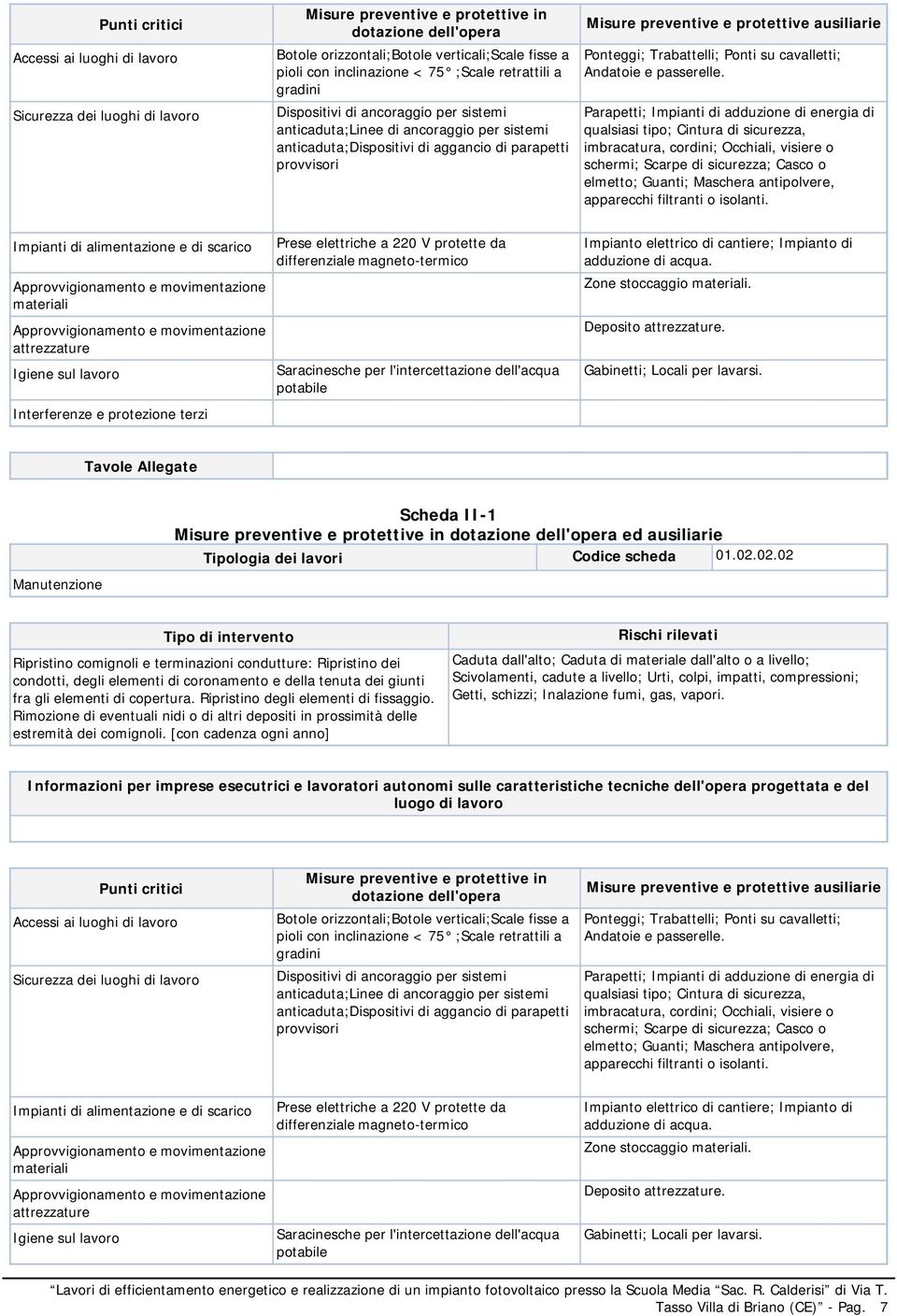 Parapetti; Impianti di adduzione di energia di qualsiasi tipo; Cintura di sicurezza, imbracatura, cordini; Occhiali, visiere o schermi; Scarpe di sicurezza; Casco o elmetto; Guanti; Maschera