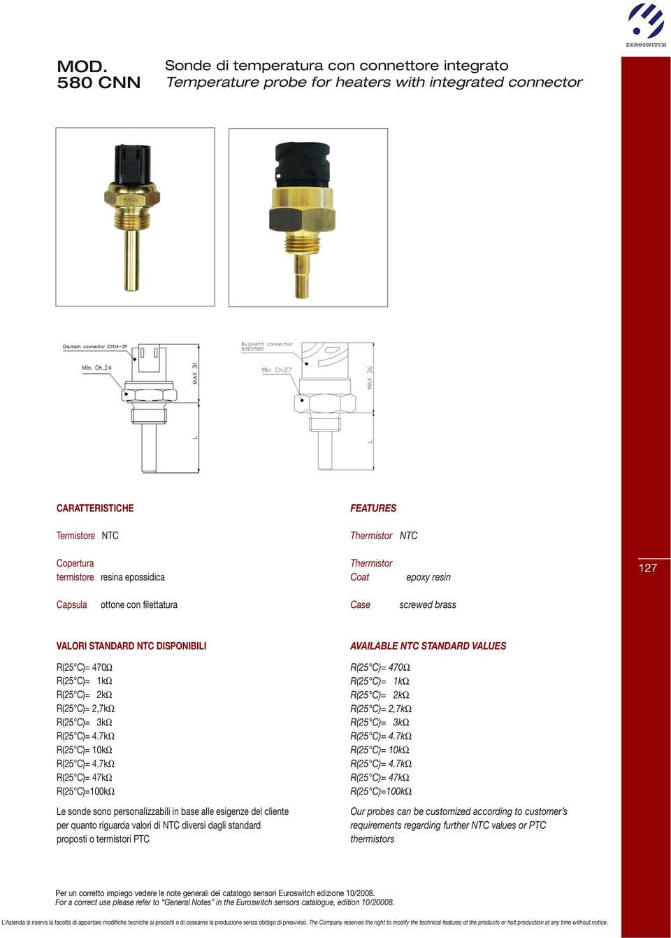 DISPONIBILI Le sonde sono personalizzabili in base alle esigenze del cliente per quanto riguarda valori di NTC diversi dagli standard proposti o