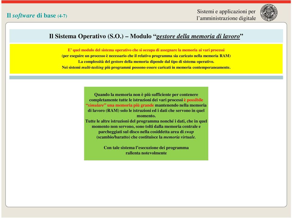 ) Modulo gestore della memoria di lavoro E quel modulo del sistema operativo che si occupa di assegnare la memoria ai vari processi (per eseguire un processo è necessario che il relativo programma