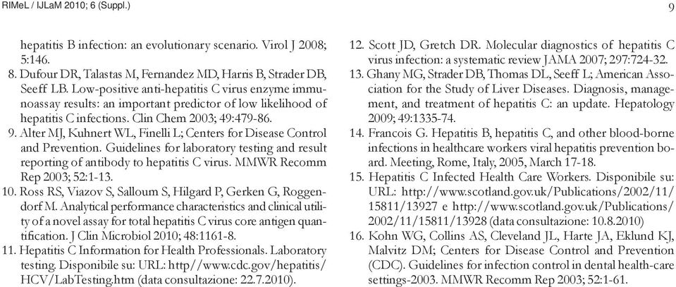 Alter MJ, Kuhnert WL, Finelli L; Centers for Disease Control and Prevention. Guidelines for laboratory testing and result reporting of antibody to hepatitis C virus. MMWR Recomm Rep 2003; 52:1-13. 10.