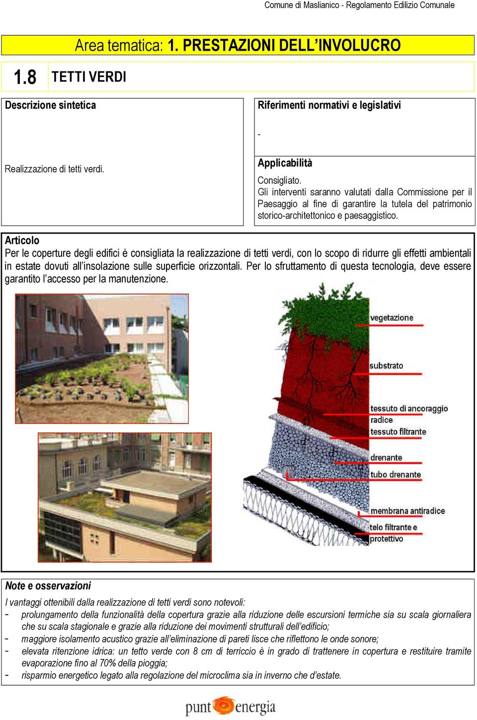 Per le coperture degli edifici è consigliata la realizzazione di tetti verdi, con lo scopo di ridurre gli effetti ambientali in estate dovuti all insolazione sulle superficie orizzontali.