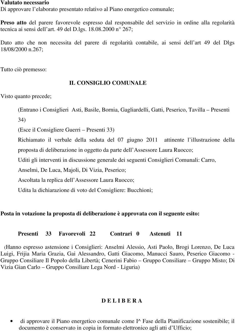 267; Tutto ciò premesso: IL CONSIGLIO COMUNALE Visto quanto precede; (Entrano i Consiglieri Asti, Basile, Bornia, Gagliardelli, Gatti, Peserico, Tavilla Presenti 34) (Esce il Consigliere Guerri