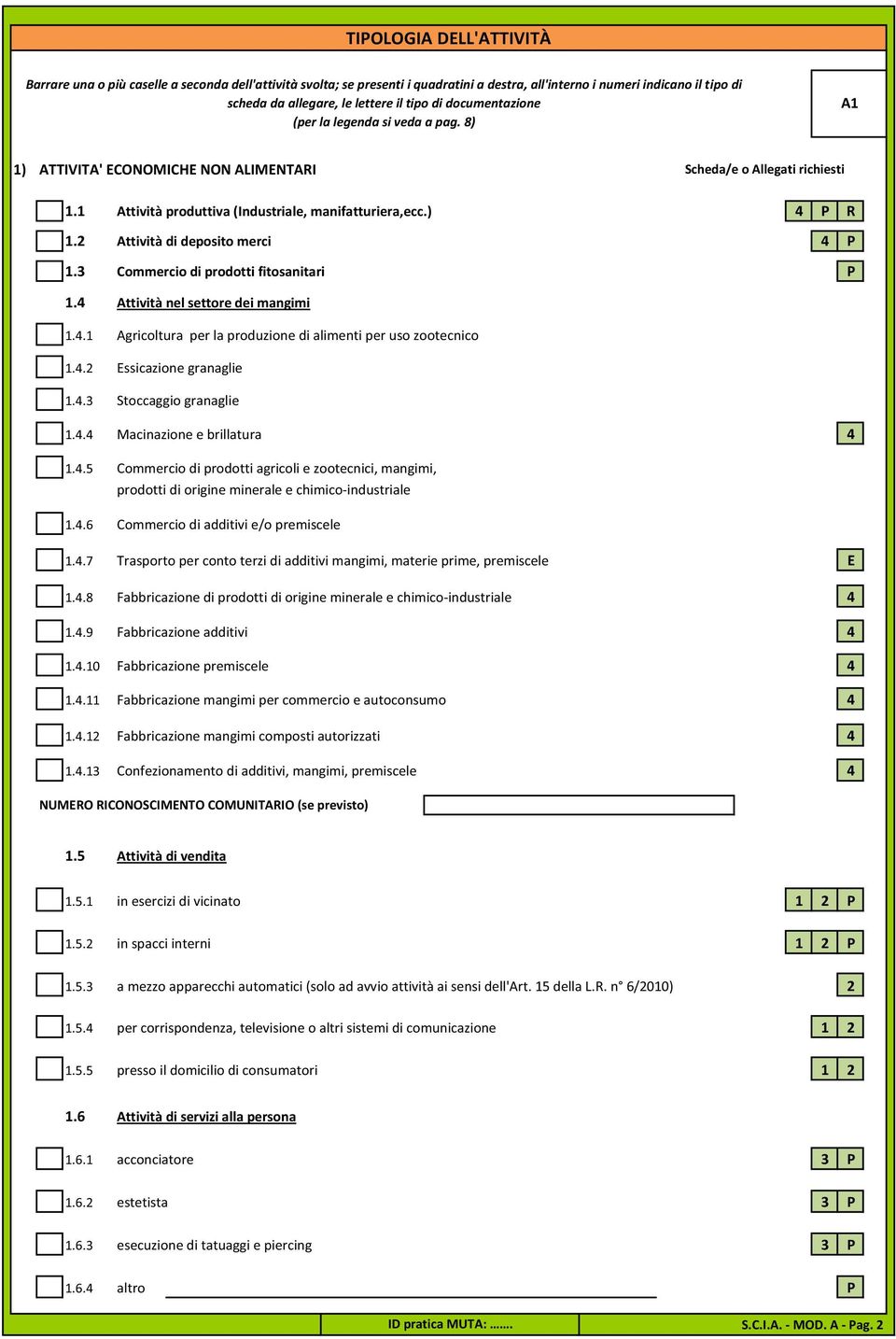 2 Attività di deposito merci 4 P 1.3 Commercio di prodotti fitosanitari P 1.4 Attività nel settore dei mangimi 1.4.1 Agricoltura per la produzione di alimenti per uso zootecnico 1.4.2 Essicazione granaglie 1.