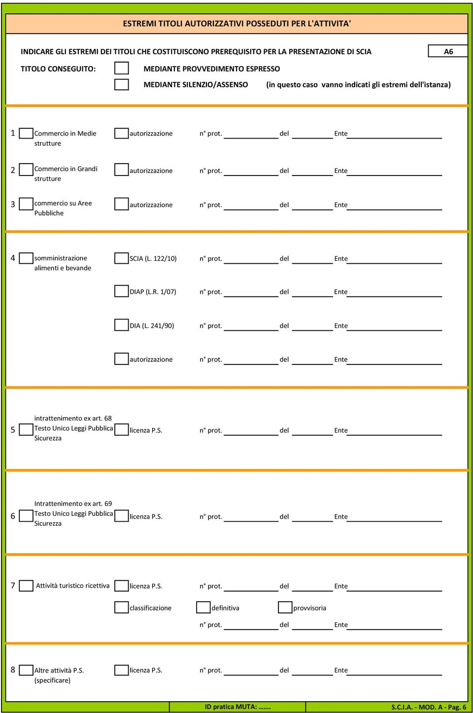 del Ente strutture 3 commercio su Aree autorizzazione n prot. del Ente Pubbliche 4 somministrazione SCIA (L. 122/10) n prot. del Ente alimenti e bevande DIAP (L.R. 1/07) n prot. del Ente DIA (L.