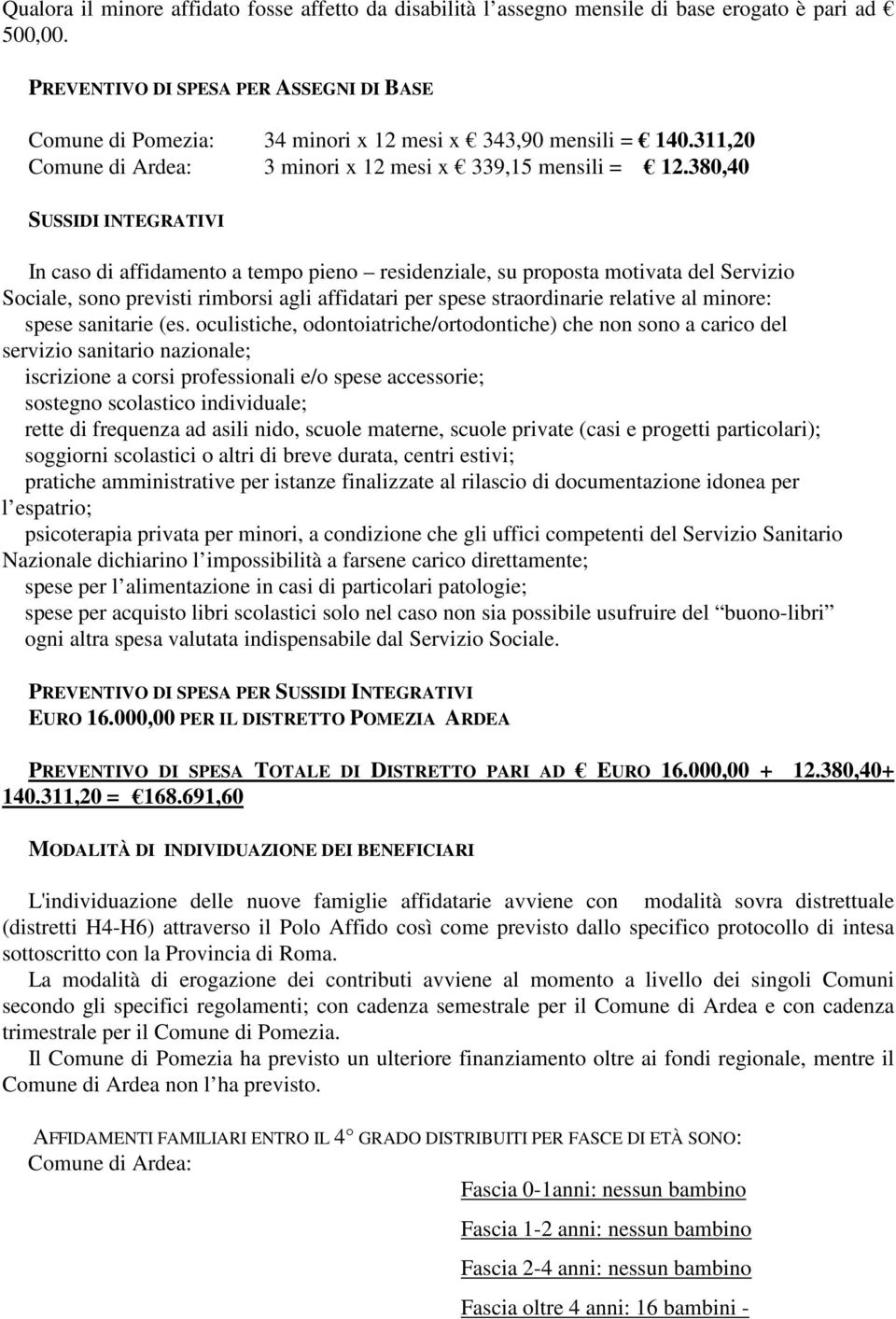 380,40 SUSSIDI INTEGRATIVI In caso di affidamento a tempo pieno residenziale, su proposta motivata del Servizio Sociale, sono previsti rimborsi agli affidatari per spese straordinarie relative al