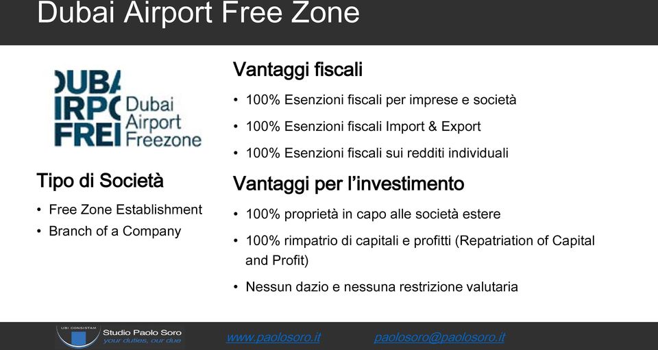 Establishment Vantaggi per l investimento 100% proprietà in capo alle società estere 100%