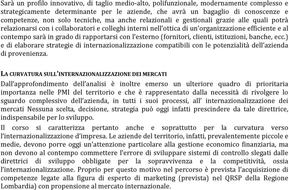 rapportarsi con l esterno (fornitori, clienti, istituzioni, banche, ecc.) e di elaborare strategie di internazionalizzazione compatibili con le potenzialità dell azienda di provenienza.