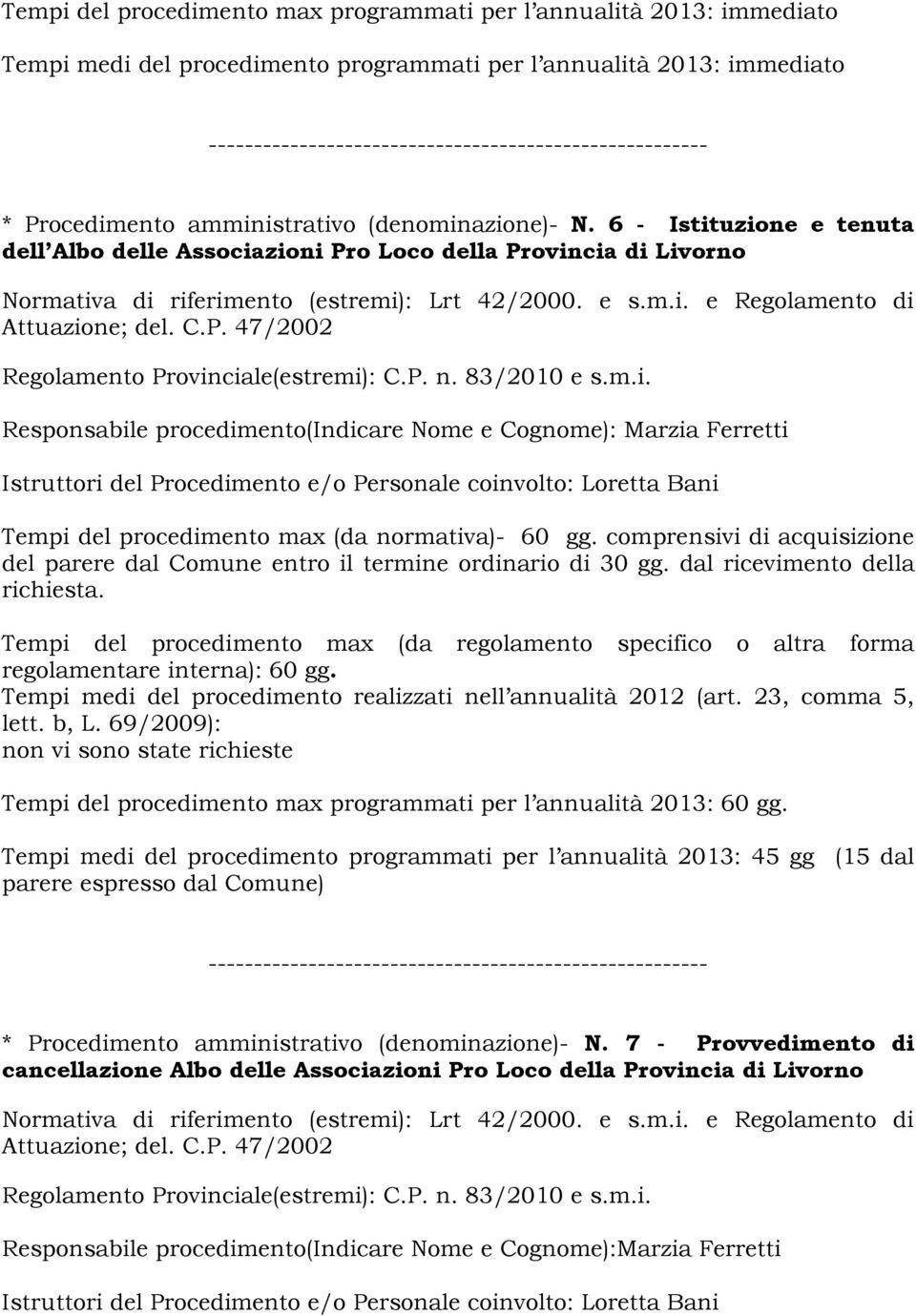 comprensivi di acquisizione del parere dal Comune entro il termine ordinario di 30 gg. dal ricevimento della richiesta. regolamentare interna): 60 gg.