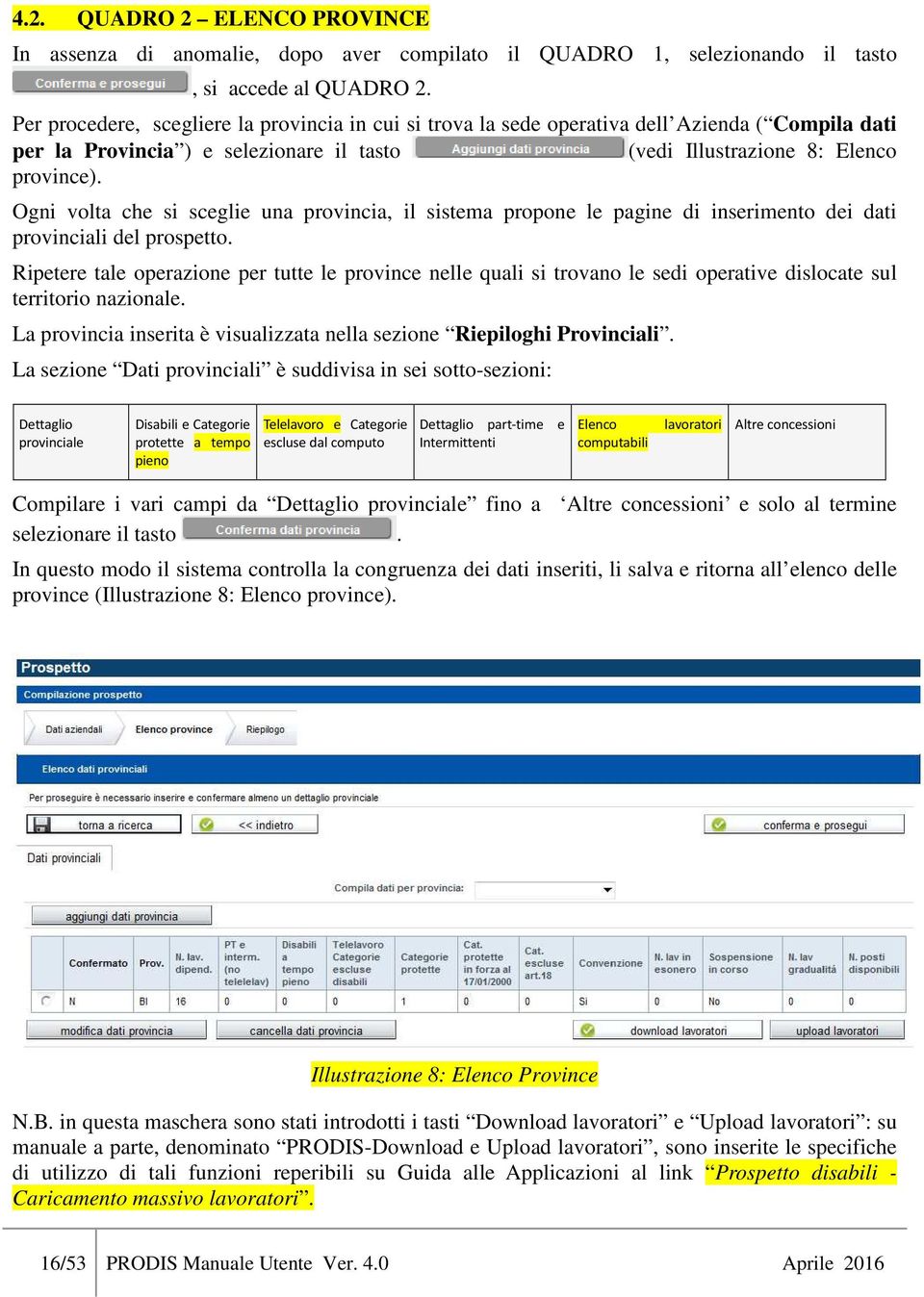 Ogni volta che si sceglie una provincia, il sistema propone le pagine di inserimento dei dati provinciali del prospetto.