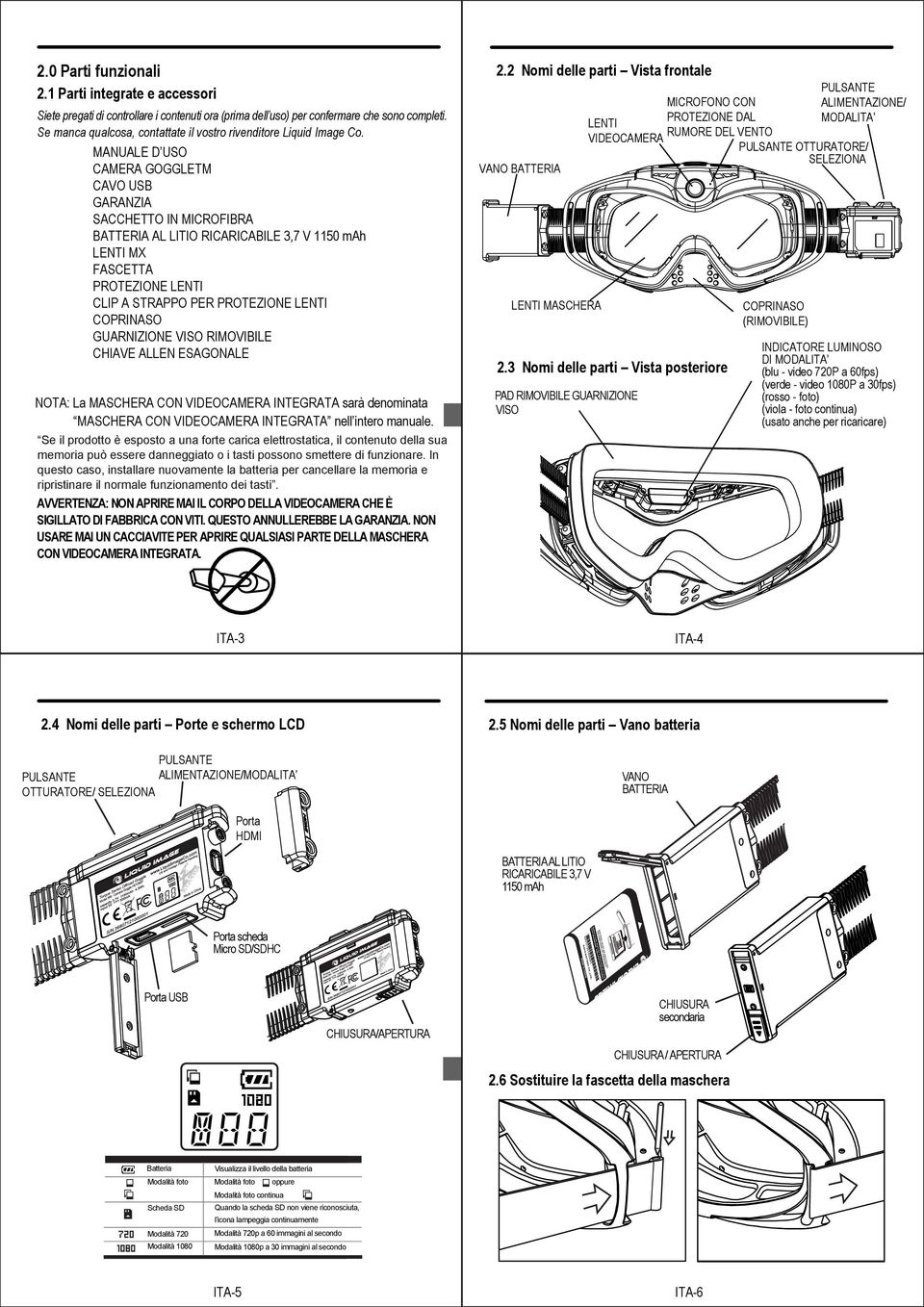 MANUALE D USO TM CAMERA GOGGLETM CAVO USB GARANZIA SACCHETTO IN MICROFIBRA BATTERIA AL LITIO RICARICABILE 3,7 V 1150 mah LENTI MX FASCETTA PROTEZIONE LENTI CLIP A STRAPPO PER PROTEZIONE LENTI