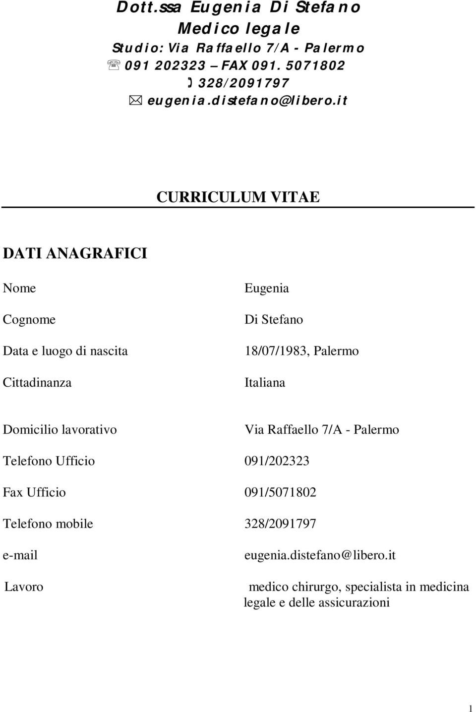 it CURRICULUM VITAE DATI ANAGRAFICI Nome Cognome Data e luogo di nascita Cittadinanza Eugenia Di Stefano 18/07/1983, Palermo