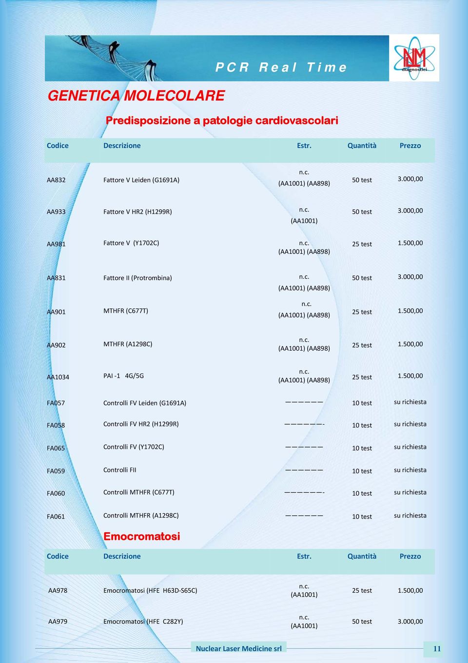 500,00 AA831 Fattore II (Protrombina) (AA898) AA901 MTHFR (C677T) (AA898) 25 test 1.500,00 AA902 MTHFR (A1298C) (AA898) 25 test 1.500,00 AA1034 PAI 1 4G/5G (AA898) 25 test 1.