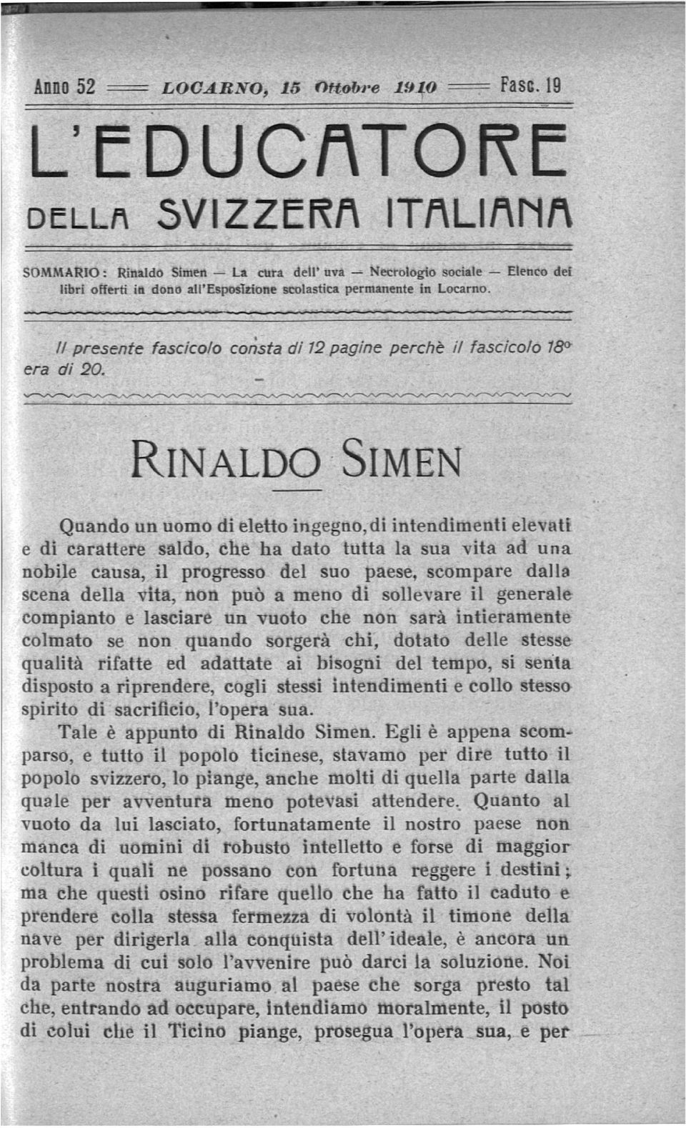 // presente fascicolo consta di 12 pagine perchè il fascicolo 18 era di 20.