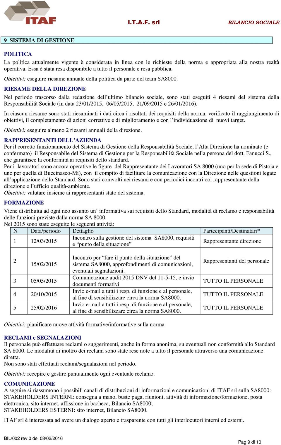 RIESAME DELLA DIREZIONE Nel periodo trascorso dalla redazione dell ultimo bilancio sociale, sono stati eseguiti 4 riesami del sistema della Responsabilità Sociale (in data 23/01/2015, 06/05/2015,