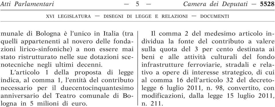 L articolo 1 della proposta di legge indica, al comma 1, l entità del contributo necessario per il duecentocinquantesimo anniversario del Teatro comunale di Bologna in 5 milioni di euro.