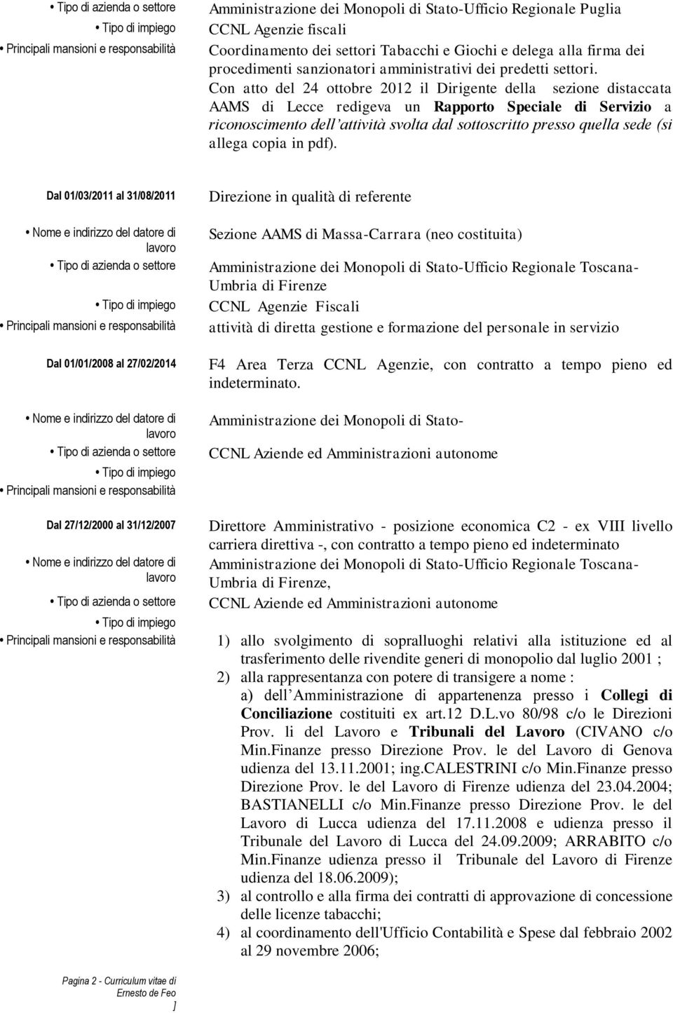 Con atto del 24 ottobre 2012 il Dirigente della sezione distaccata AAMS di Lecce redigeva un Rapporto Speciale di Servizio a riconoscimento dell attività svolta dal sottoscritto presso quella sede